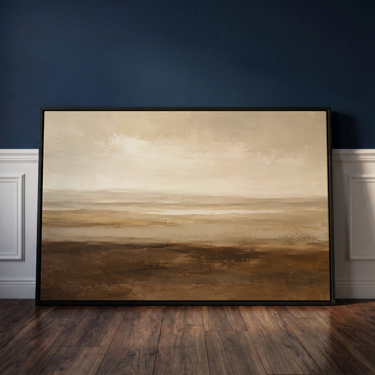 Tonal canvas wall art showing a wide moorland plain with pale water in the distance under a heavy soft sky
