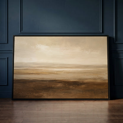 Neutral canvas wall art showing a wide moorland plain with pale water in the distance under a heavy soft sky