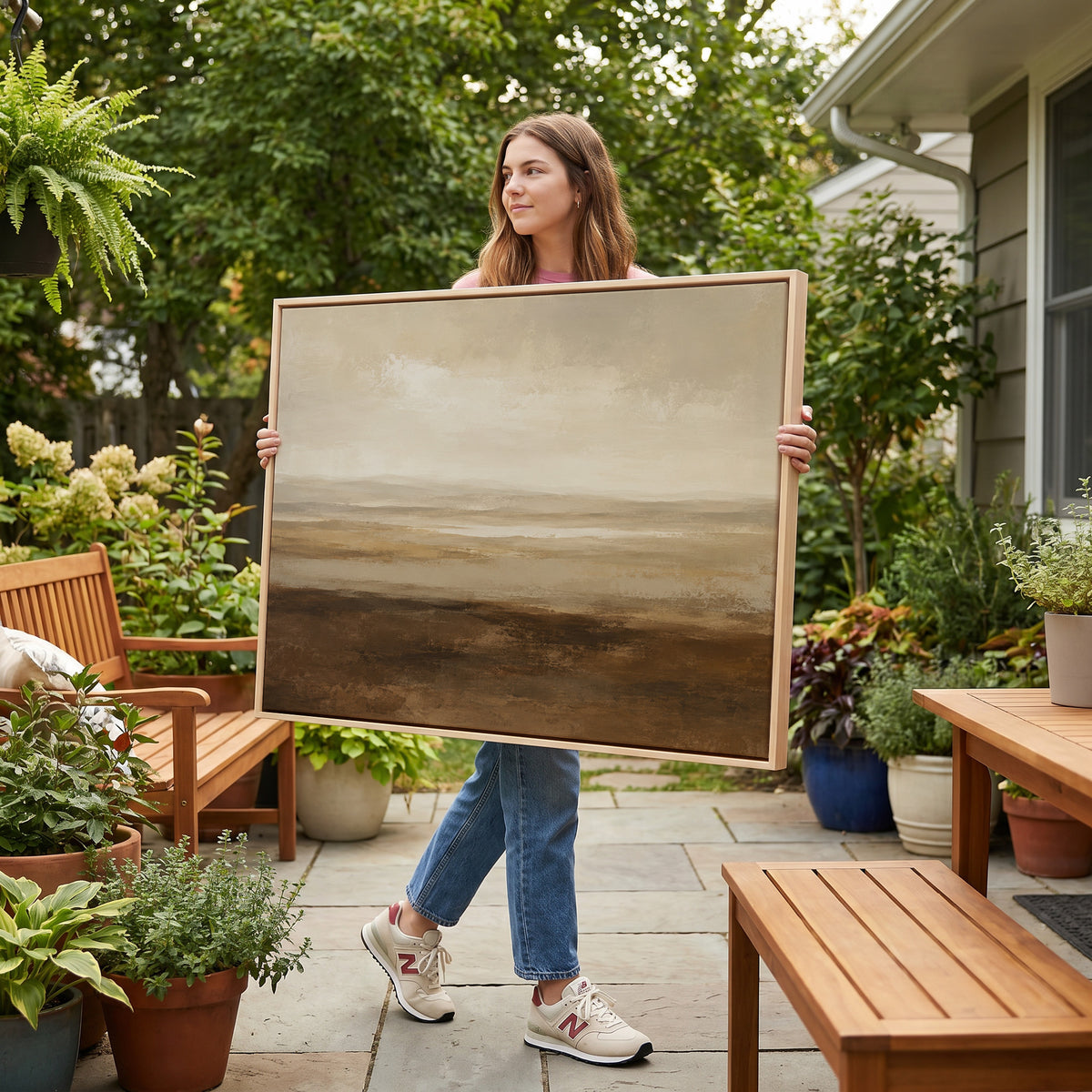 Calm canvas wall art showing a wide moorland plain with pale water in the distance under a heavy soft sky