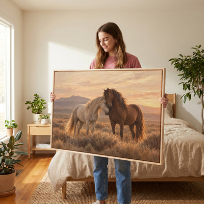 Two horses canvas wall art showing a grey and a chestnut wild horse resting head to head on a sagebrush plain at sunset