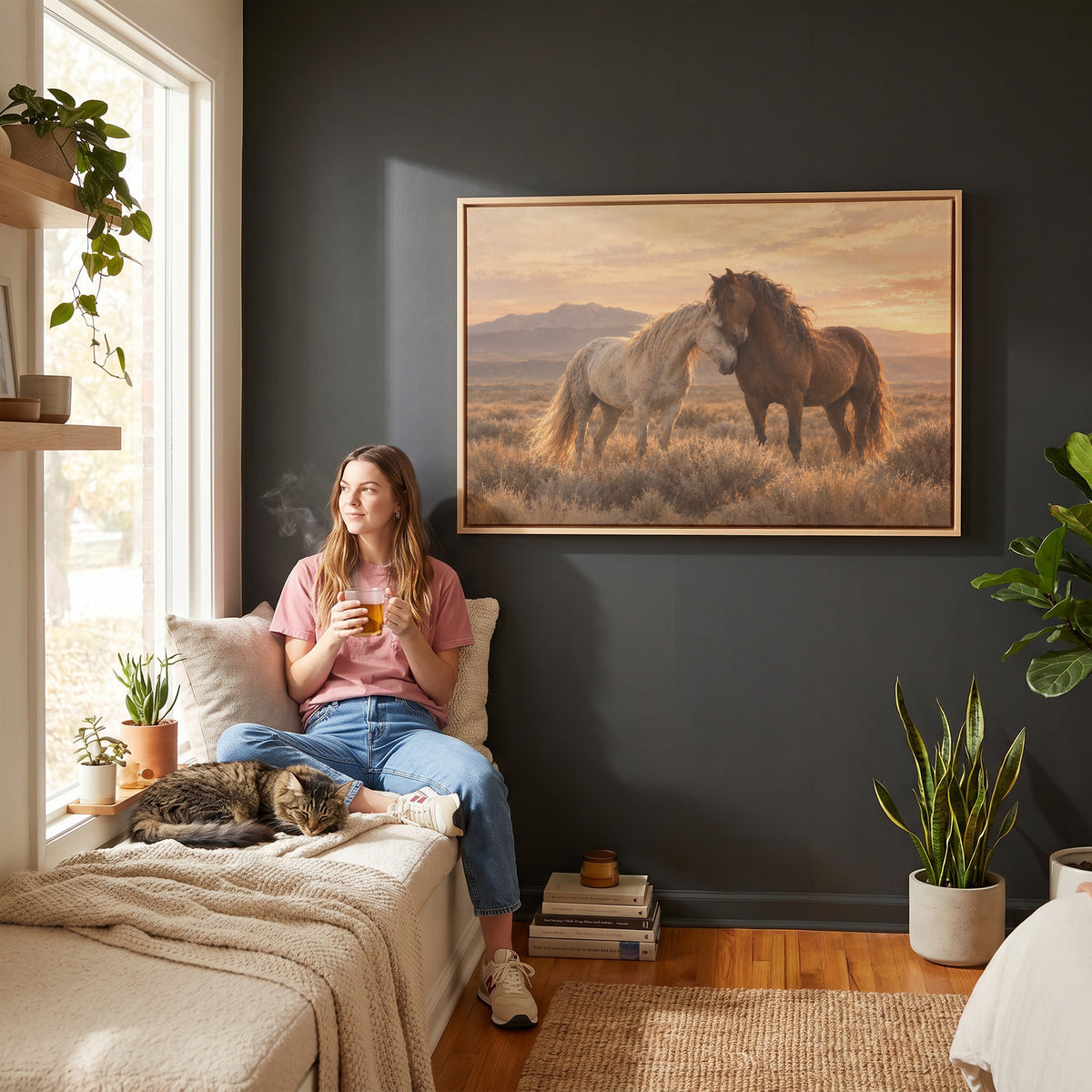 A grey and a chestnut wild horse resting head to head on a sagebrush plain at sunset, canvas print