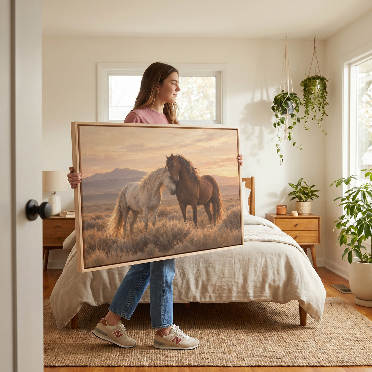 A grey and a chestnut wild horse resting head to head on a sagebrush plain at sunset, wall art print