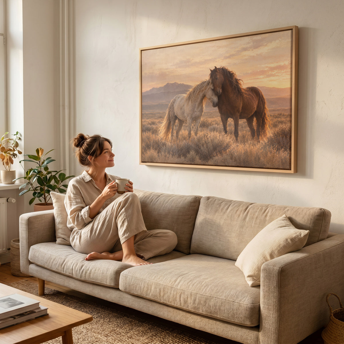 A grey and a chestnut wild horse resting head to head on a sagebrush plain at sunset, canvas art print