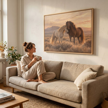 A grey and a chestnut wild horse resting head to head on a sagebrush plain at sunset, canvas art print