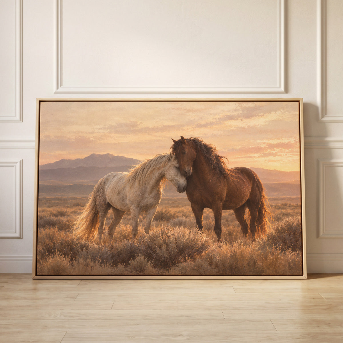 A grey and a chestnut wild horse resting head to head on a sagebrush plain at sunset, canvas wall art