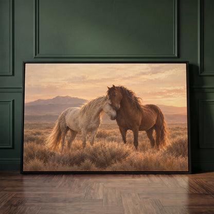Sagebrush canvas wall art showing a grey and a chestnut wild horse resting head to head on a sagebrush plain at sunset