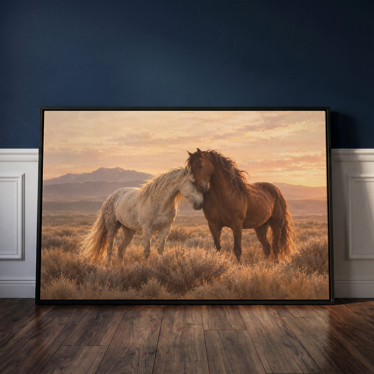 Wild horses canvas wall art showing a grey and a chestnut wild horse resting head to head on a sagebrush plain at sunset