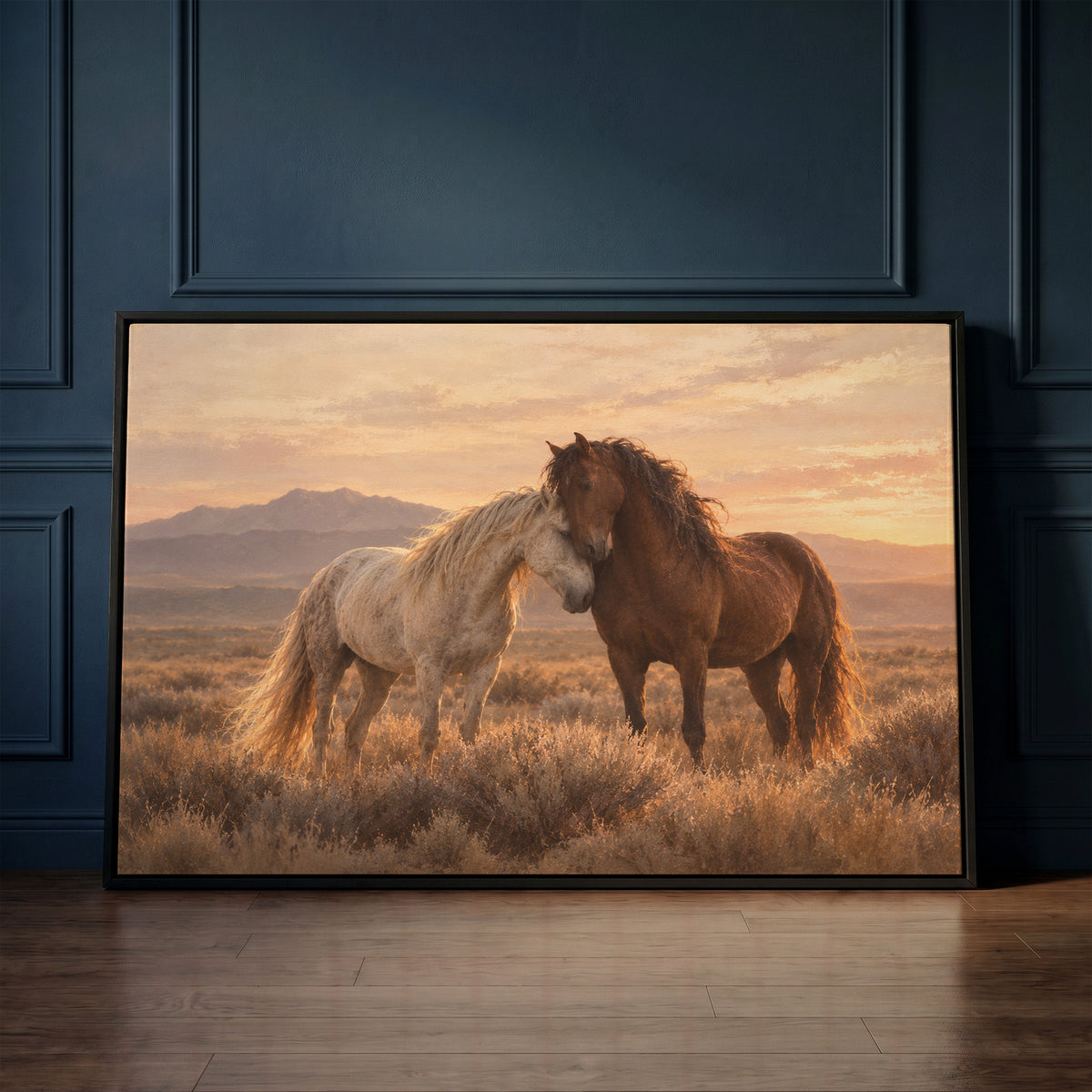 Horse canvas wall art showing a grey and a chestnut wild horse resting head to head on a sagebrush plain at sunset