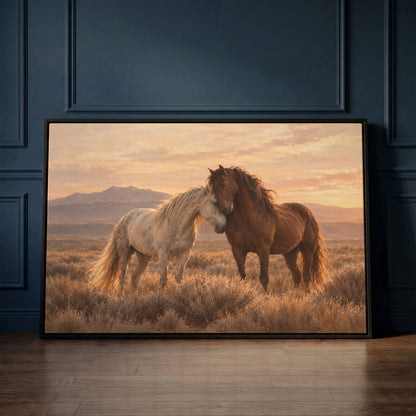 Horse canvas wall art showing a grey and a chestnut wild horse resting head to head on a sagebrush plain at sunset