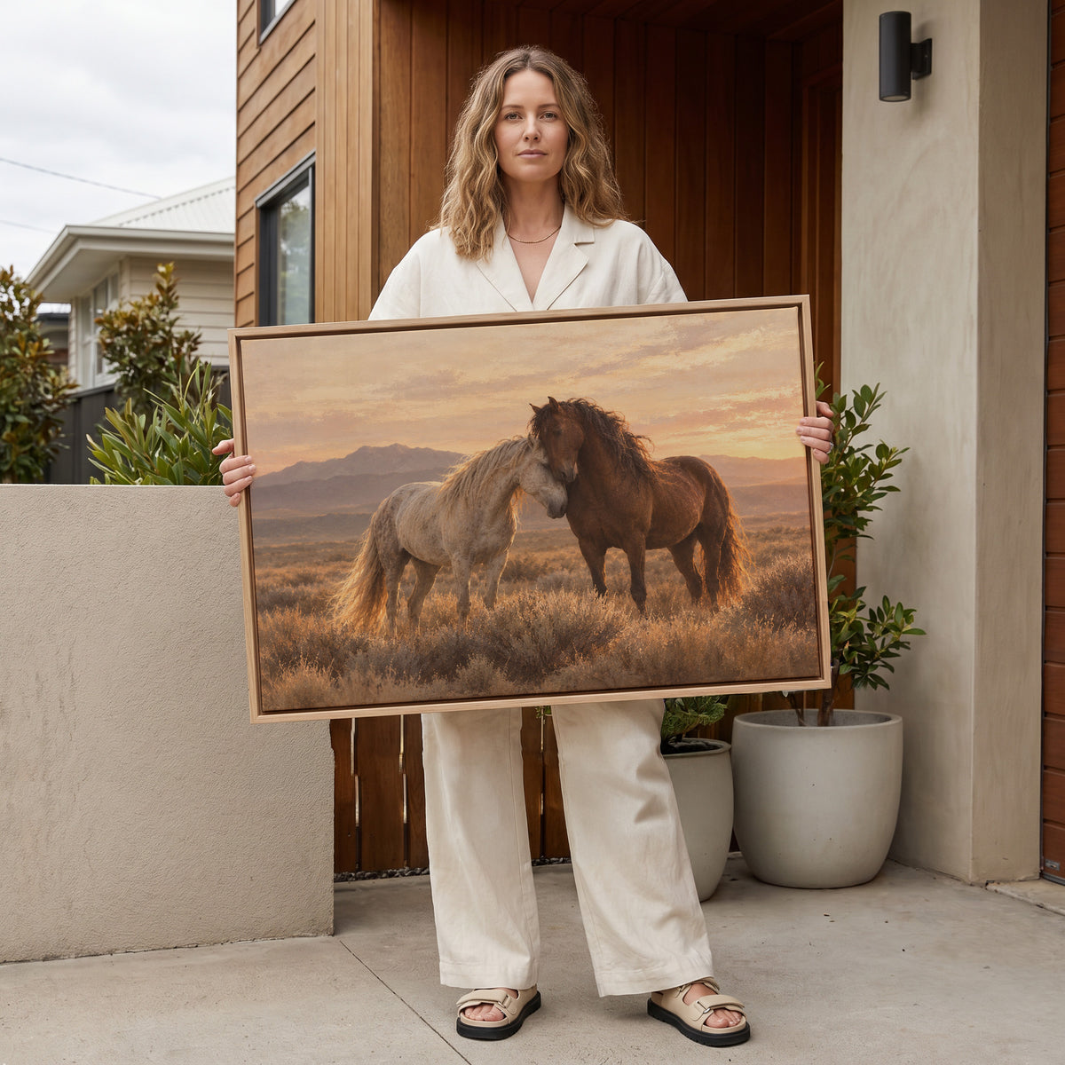 Horses canvas wall art showing a grey and a chestnut wild horse resting head to head on a sagebrush plain at sunset
