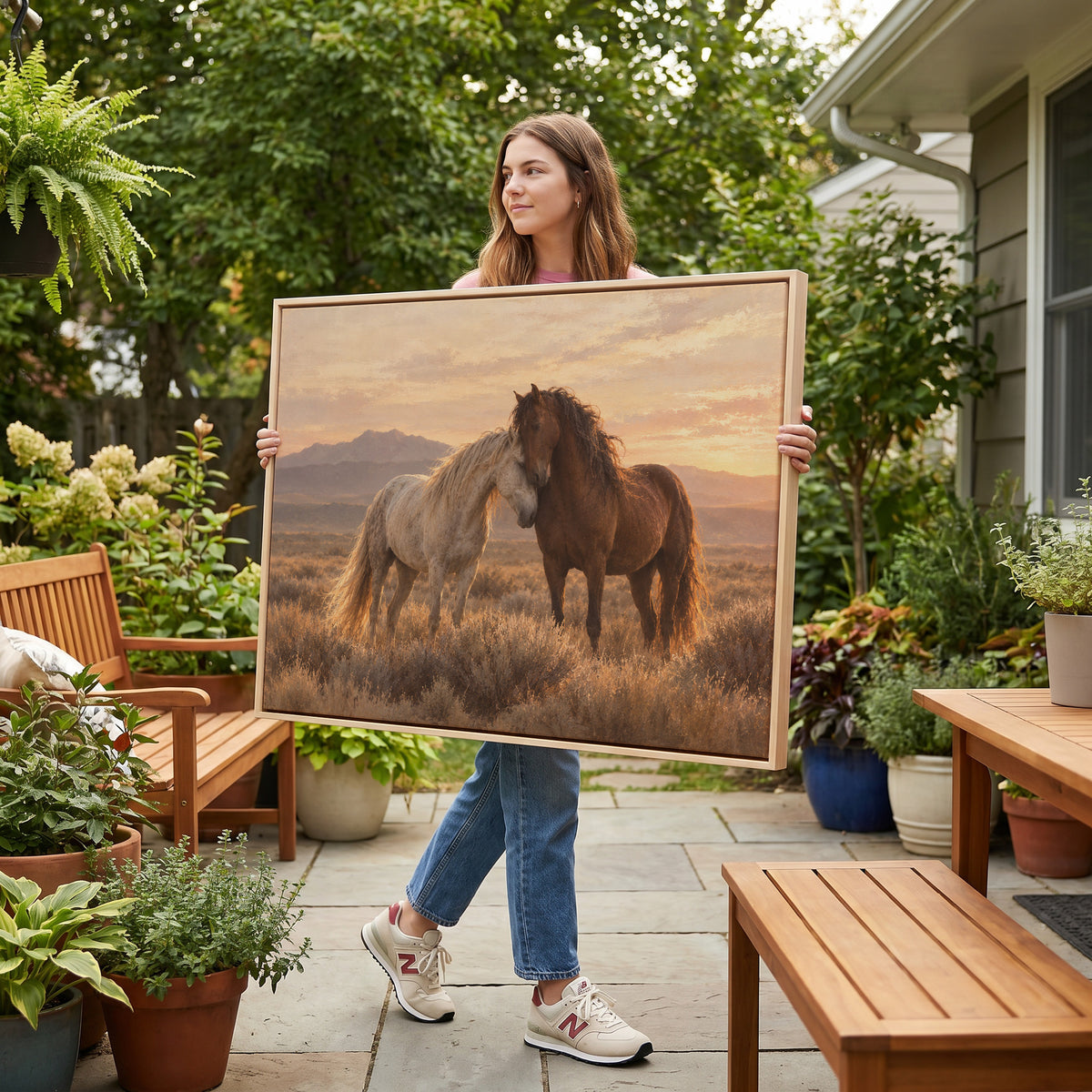 Western canvas wall art showing a grey and a chestnut wild horse resting head to head on a sagebrush plain at sunset