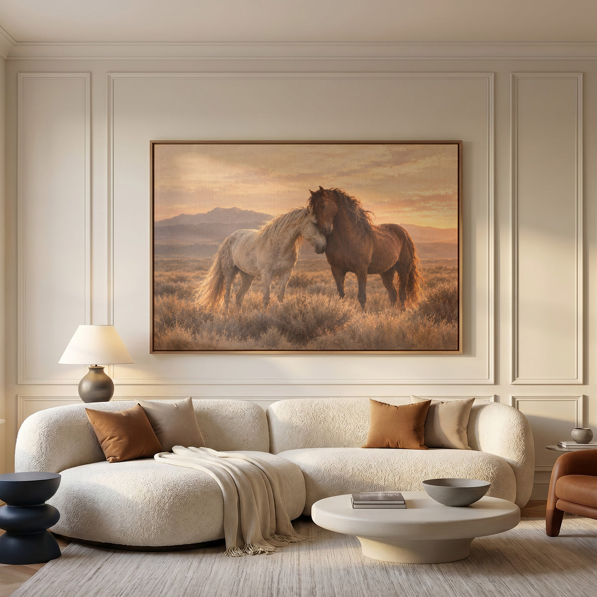 Sunset canvas canvas wall art showing a grey and a chestnut wild horse resting head to head on a sagebrush plain at sunset