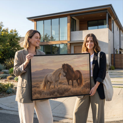 Equestrian canvas wall art showing a grey and a chestnut wild horse resting head to head on a sagebrush plain at sunset