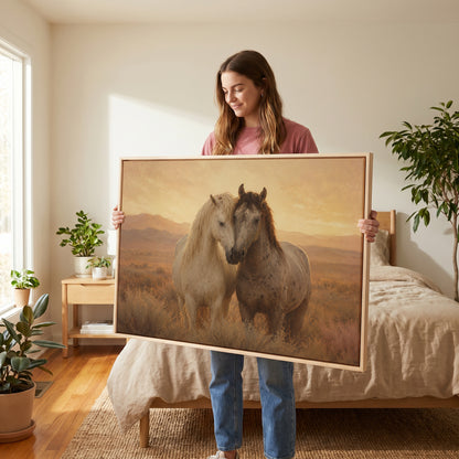 Two horses standing close with their heads together in golden evening light, wall art print