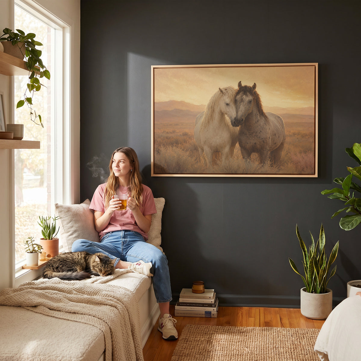 Horse canvas wall art showing two horses standing close with their heads together in golden evening light