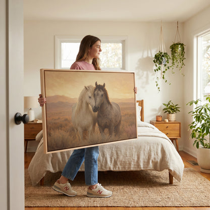 Two horses standing close with their heads together in golden evening light, canvas print