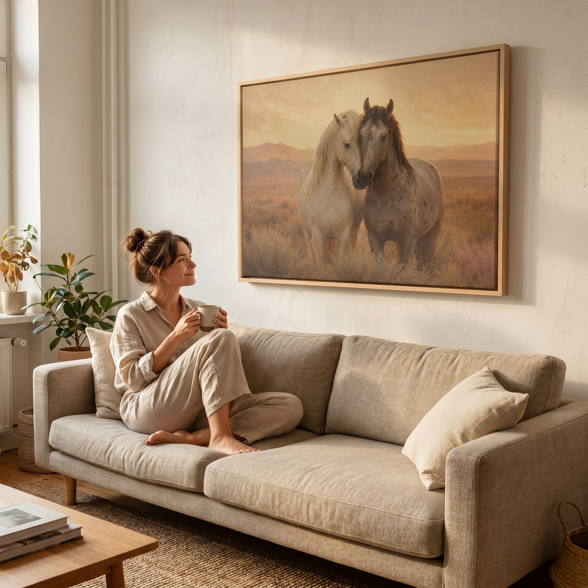 Two horses standing close with their heads together in golden evening light, canvas art print
