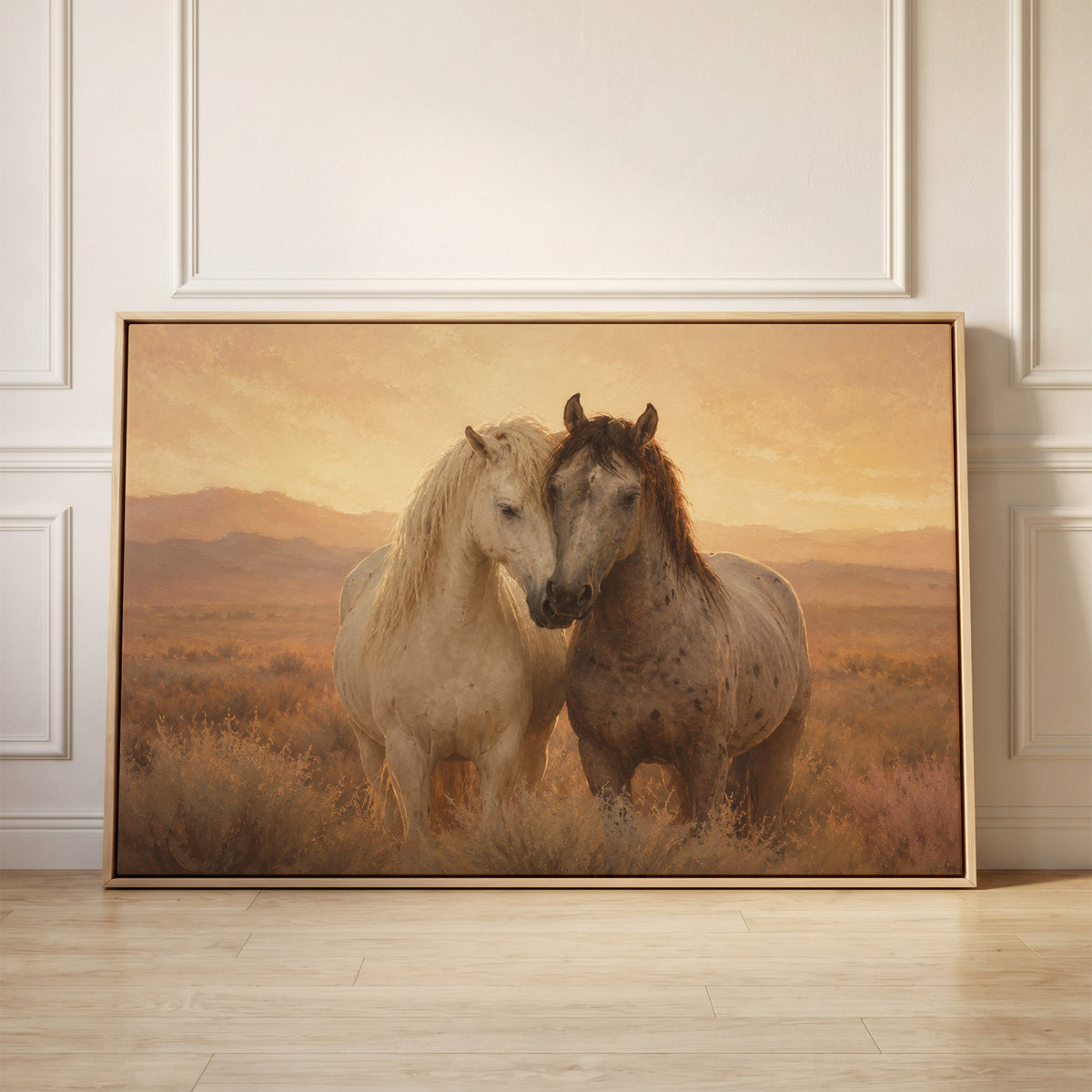 Two horses standing close with their heads together in golden evening light, canvas wall art