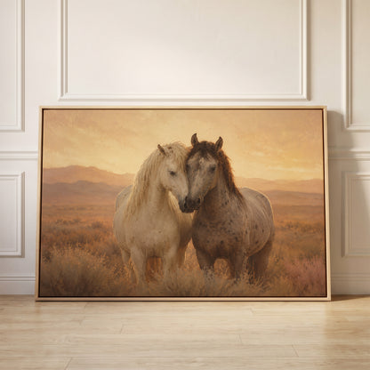 Two horses standing close with their heads together in golden evening light, canvas wall art