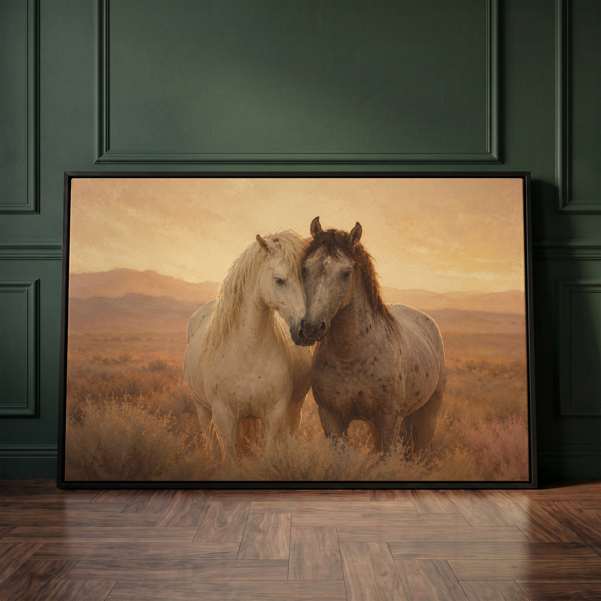 Ranch canvas wall art showing two horses standing close with their heads together in golden evening light