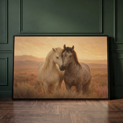 Ranch canvas wall art showing two horses standing close with their heads together in golden evening light