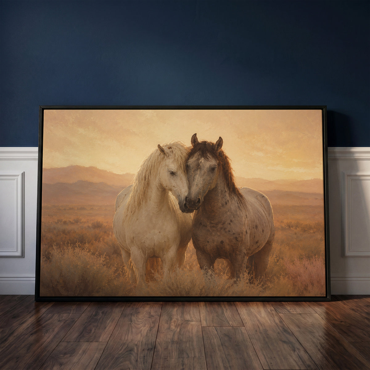 Warm neutral canvas wall art showing two horses standing close with their heads together in golden evening light