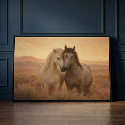 Equestrian canvas wall art showing two horses standing close with their heads together in golden evening light