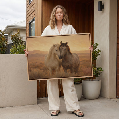 Horses canvas wall art showing two horses standing close with their heads together in golden evening light