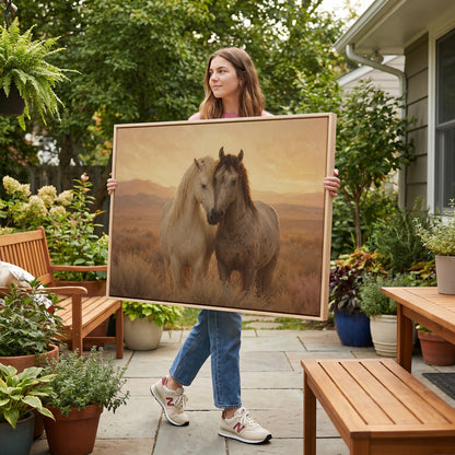 Golden hour canvas wall art showing two horses standing close with their heads together in golden evening light
