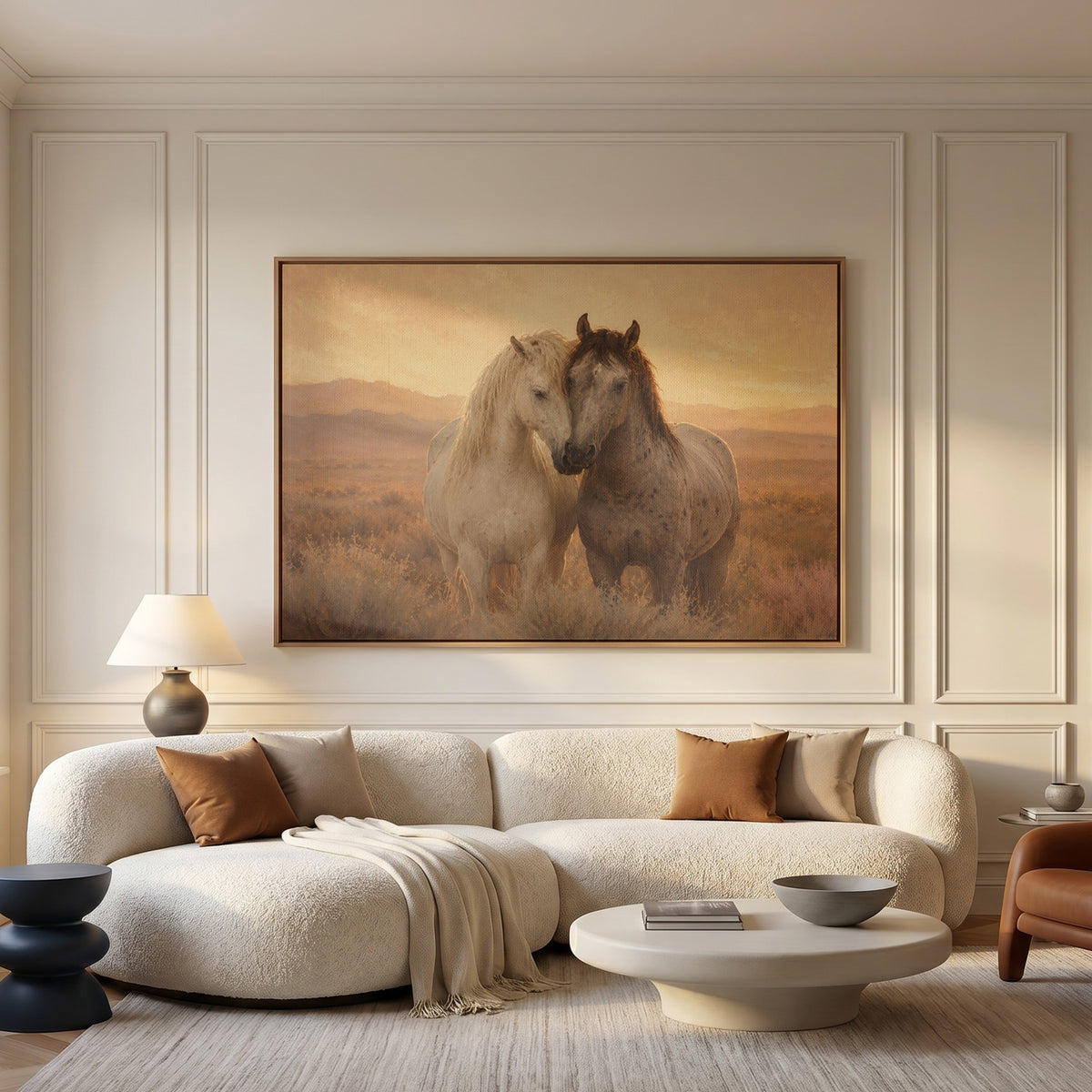 Sunset horse canvas wall art showing two horses standing close with their heads together in golden evening light