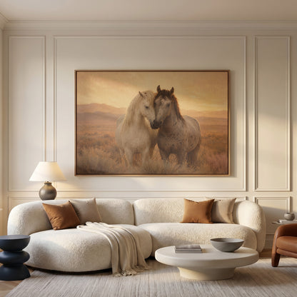 Sunset horse canvas wall art showing two horses standing close with their heads together in golden evening light