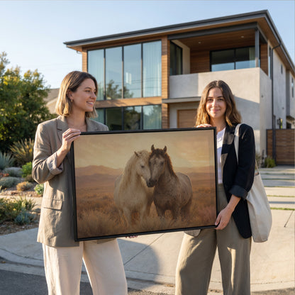 Western canvas wall art showing two horses standing close with their heads together in golden evening light