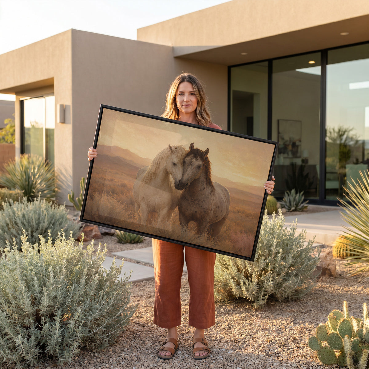 Two horses canvas wall art showing two horses standing close with their heads together in golden evening light