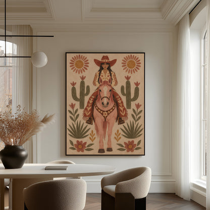 Boho canvas wall art showing folk art cowgirl on a pink horse framed by cacti and flowers