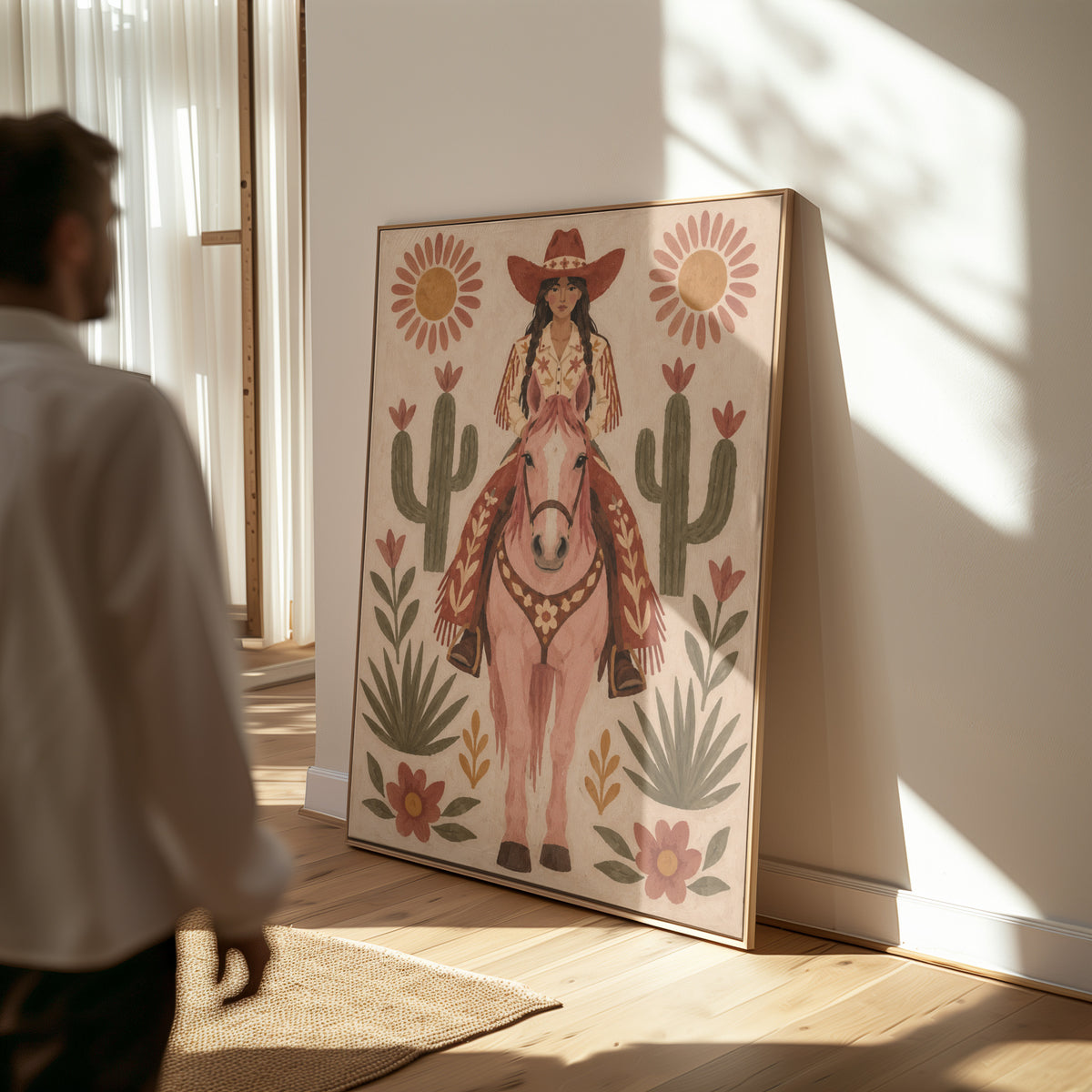 Folk art cowgirl on a pink horse framed by cacti and flowers, cowgirl vertical canvas print