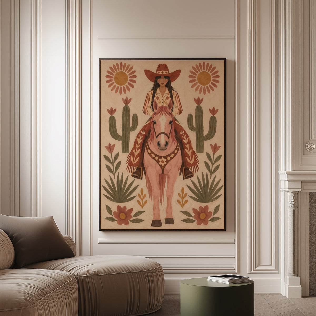 Folk art cowgirl on a pink horse framed by cacti and flowers, wall art print