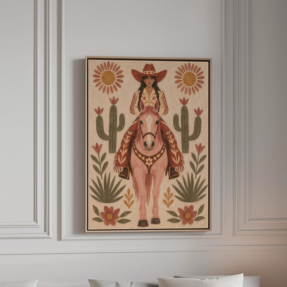 Folk art cowgirl on a pink horse framed by cacti and flowers, canvas wall art