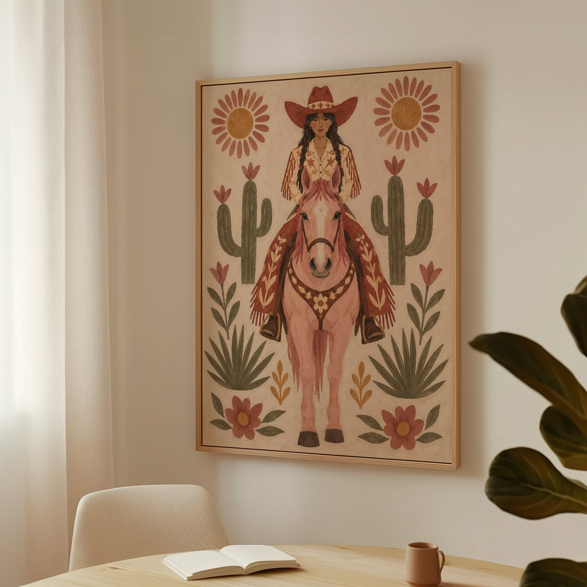 Naive art canvas wall art showing folk art cowgirl on a pink horse framed by cacti and flowers