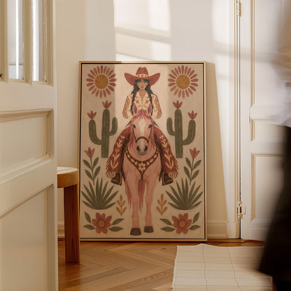 Folk art cowgirl on a pink horse framed by cacti and flowers, pink horse canvas print