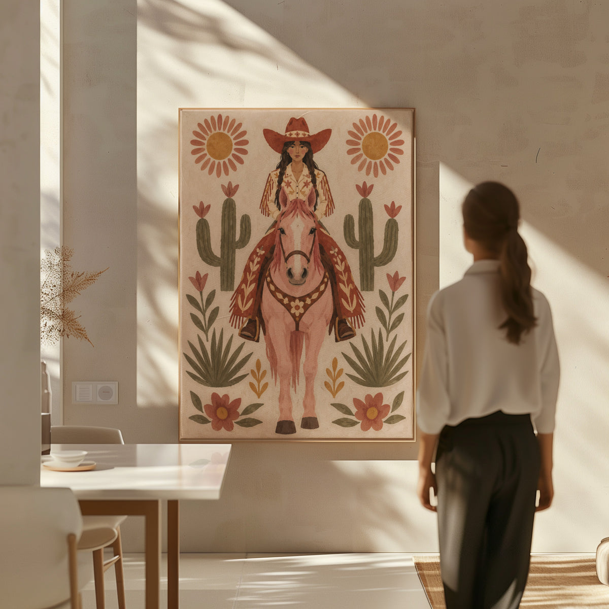 Cactus canvas wall art showing folk art cowgirl on a pink horse framed by cacti and flowers