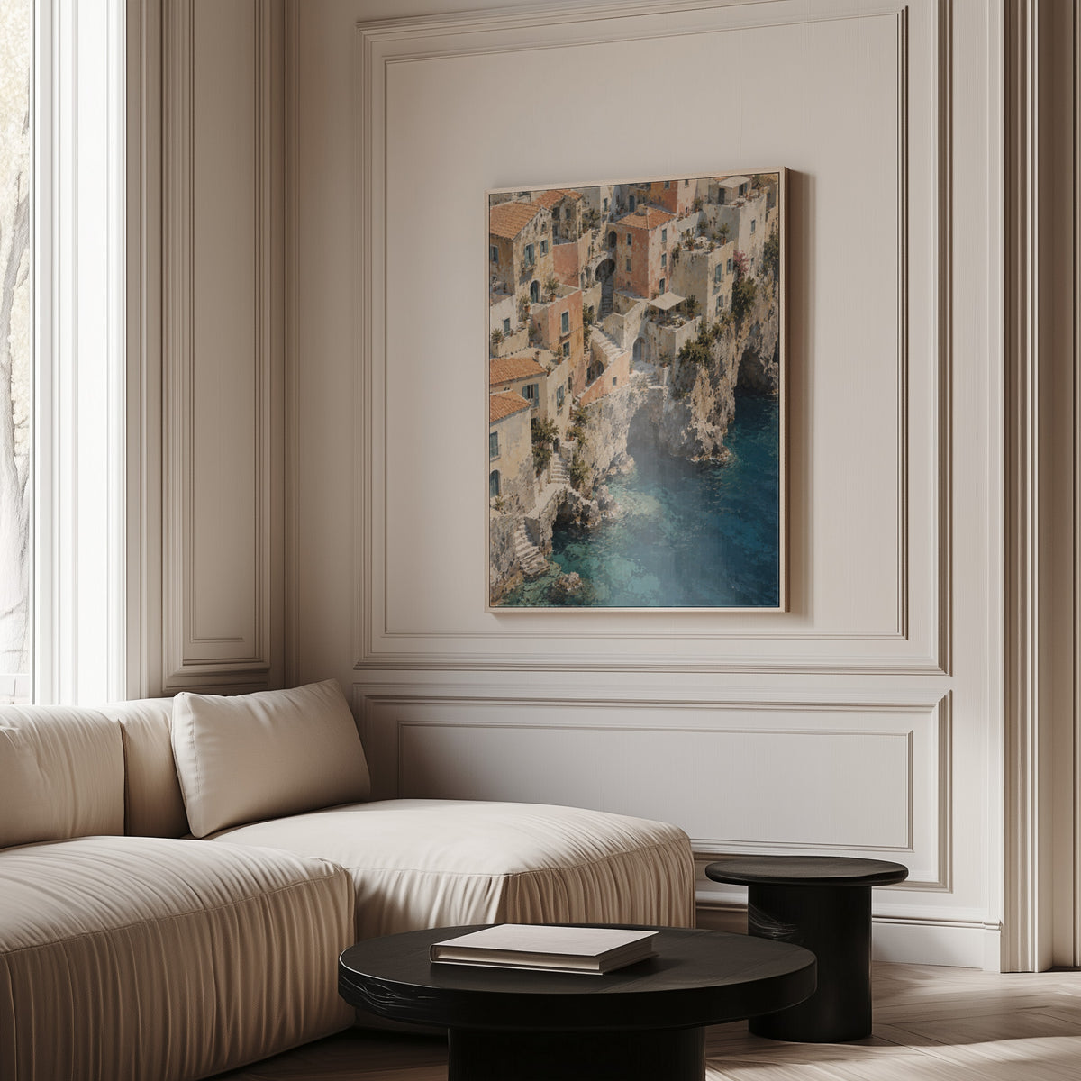 Turquoise sea canvas wall art showing cliffside Mediterranean village seen from above with turquoise sea below