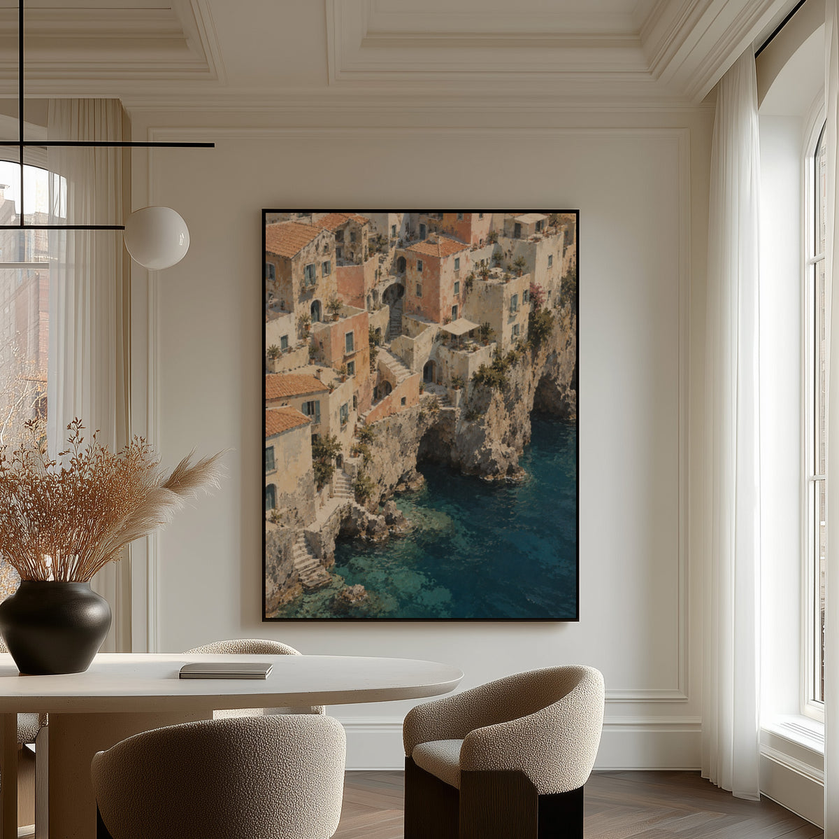 Cliffside Mediterranean village seen from above with turquoise sea below, wall art print