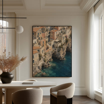Cliffside Mediterranean village seen from above with turquoise sea below, wall art print
