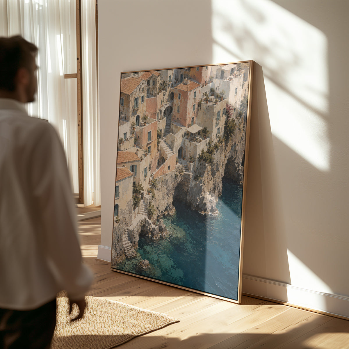 Coastal canvas wall art showing cliffside Mediterranean village seen from above with turquoise sea below