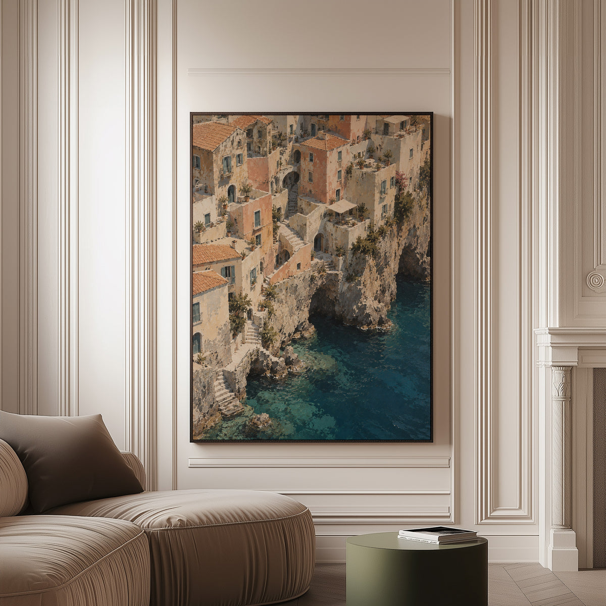 Cliff village canvas wall art showing cliffside Mediterranean village seen from above with turquoise sea below