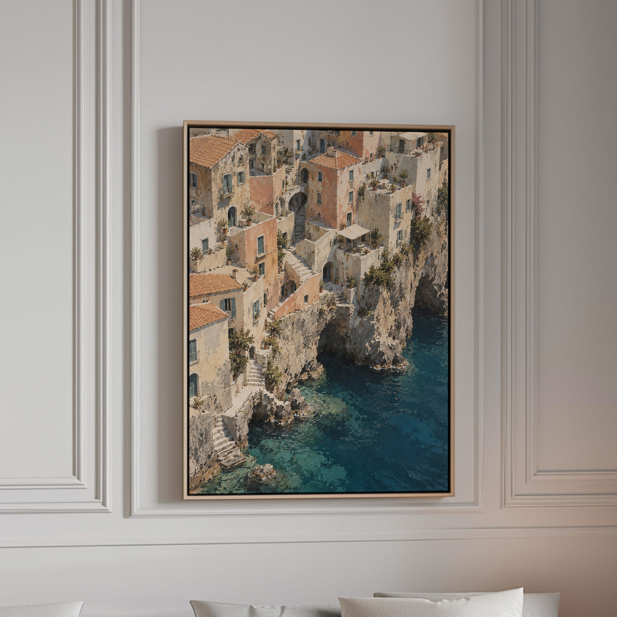 Cliffside Mediterranean village seen from above with turquoise sea below, canvas wall art