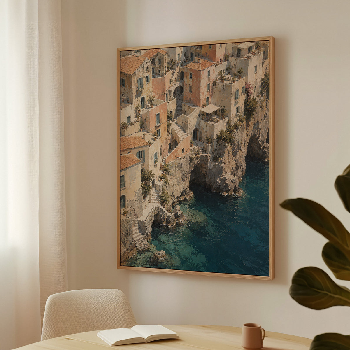 Italian canvas wall art showing cliffside Mediterranean village seen from above with turquoise sea below
