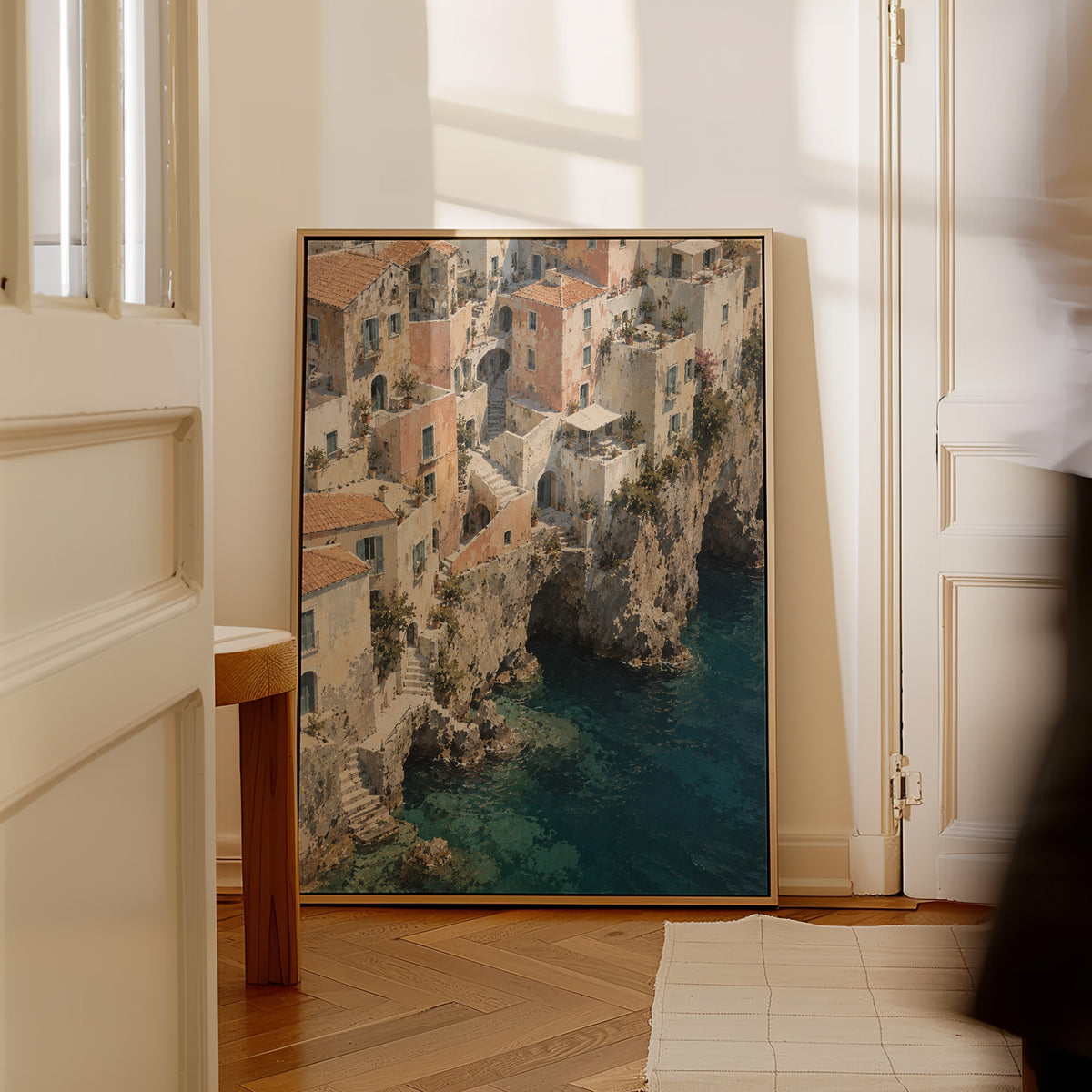 Aerial coastal canvas wall art showing cliffside Mediterranean village seen from above with turquoise sea below