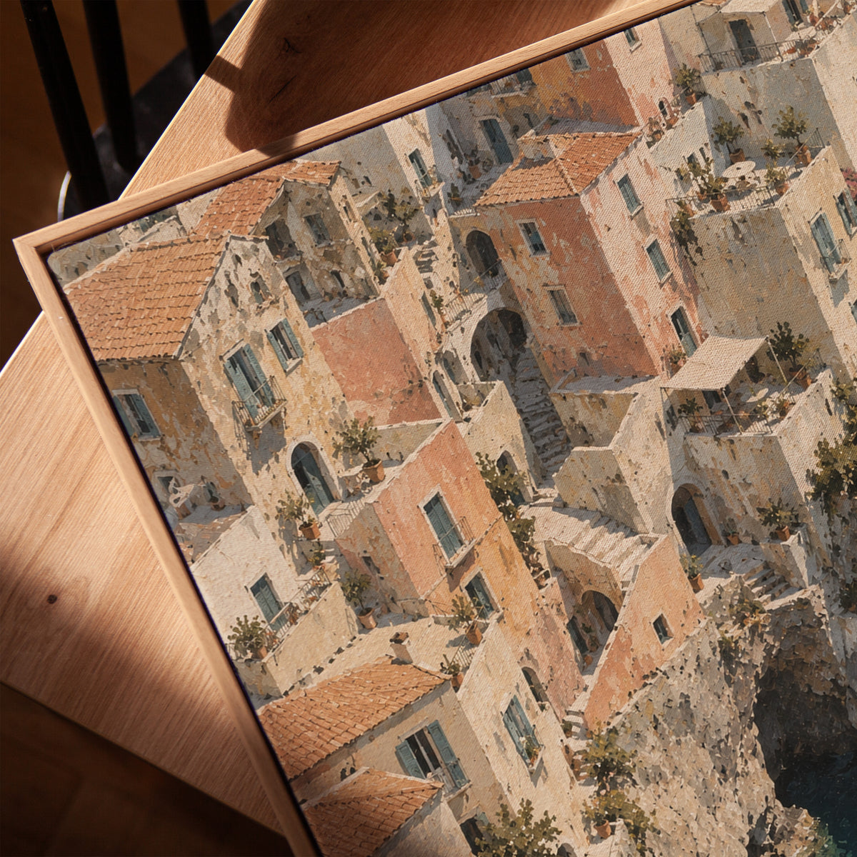 Cliffside Mediterranean village seen from above with turquoise sea below, vertical canvas print