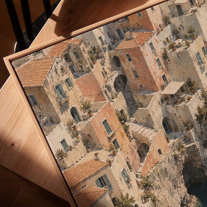 Cliffside Mediterranean village seen from above with turquoise sea below, vertical canvas print